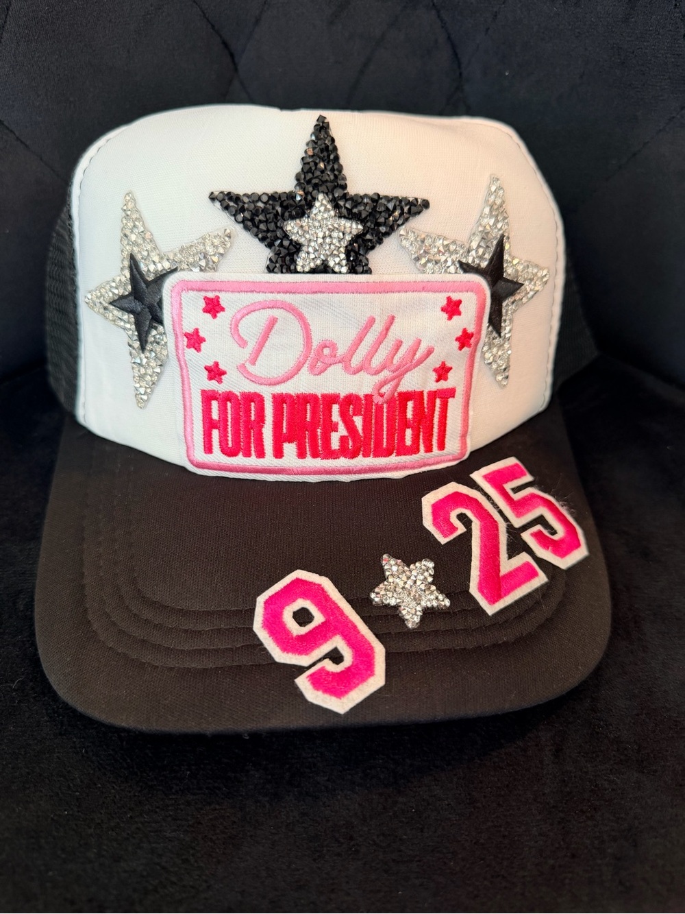 Dolly Parton For President Sequin Star Trucker Hat in Black, White & Pink